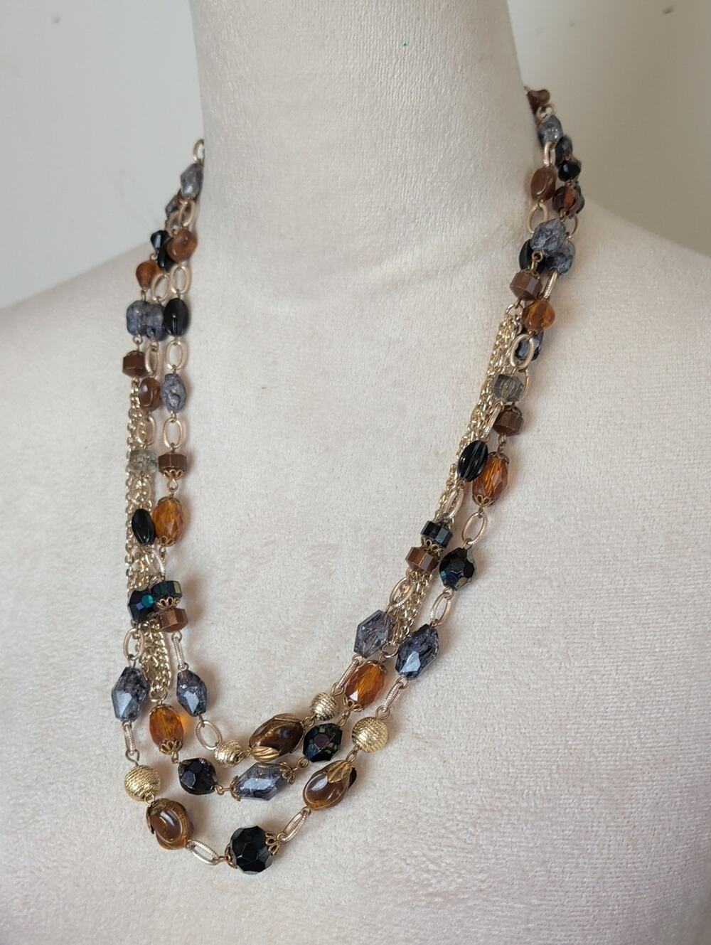 Vintage West Germany Mixed Media Statement Necklace Three Multi Layer